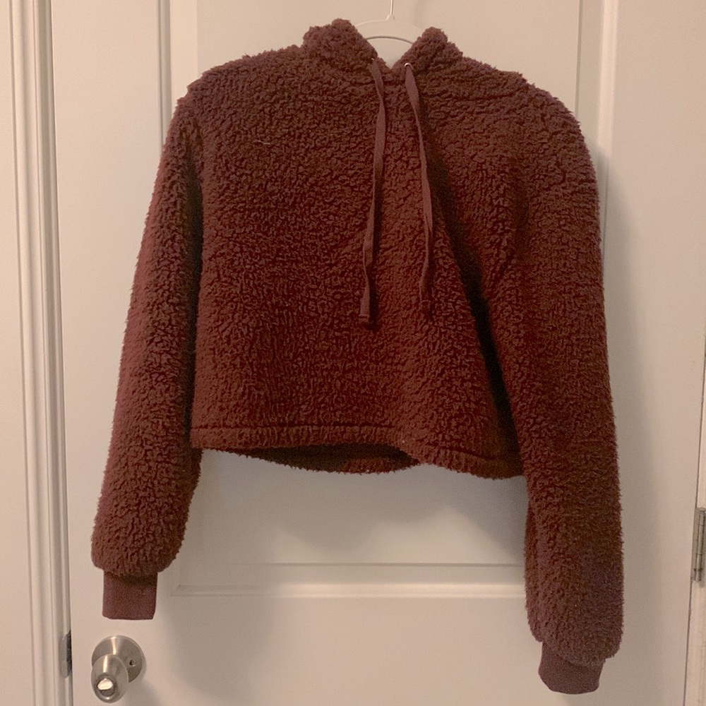 Burgundy sherpa cropped hoodie